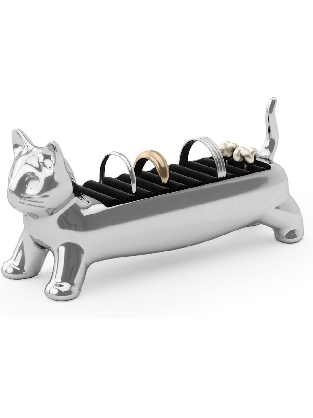 Silver Cat-Shaped Ring Holder with Black Slots